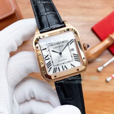 Replica Cartier Santos 8215 Movement Watch White Dial Black Leather Strap Rose Gold Bezel